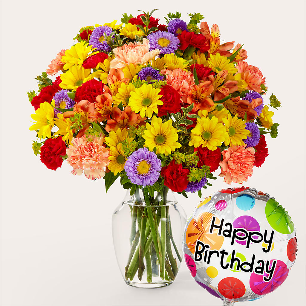Kaleidoscope Bouquet with Birthday Balloon – BUZ N' BEE FLORIST GIFT & NURSERY, Clinton LA