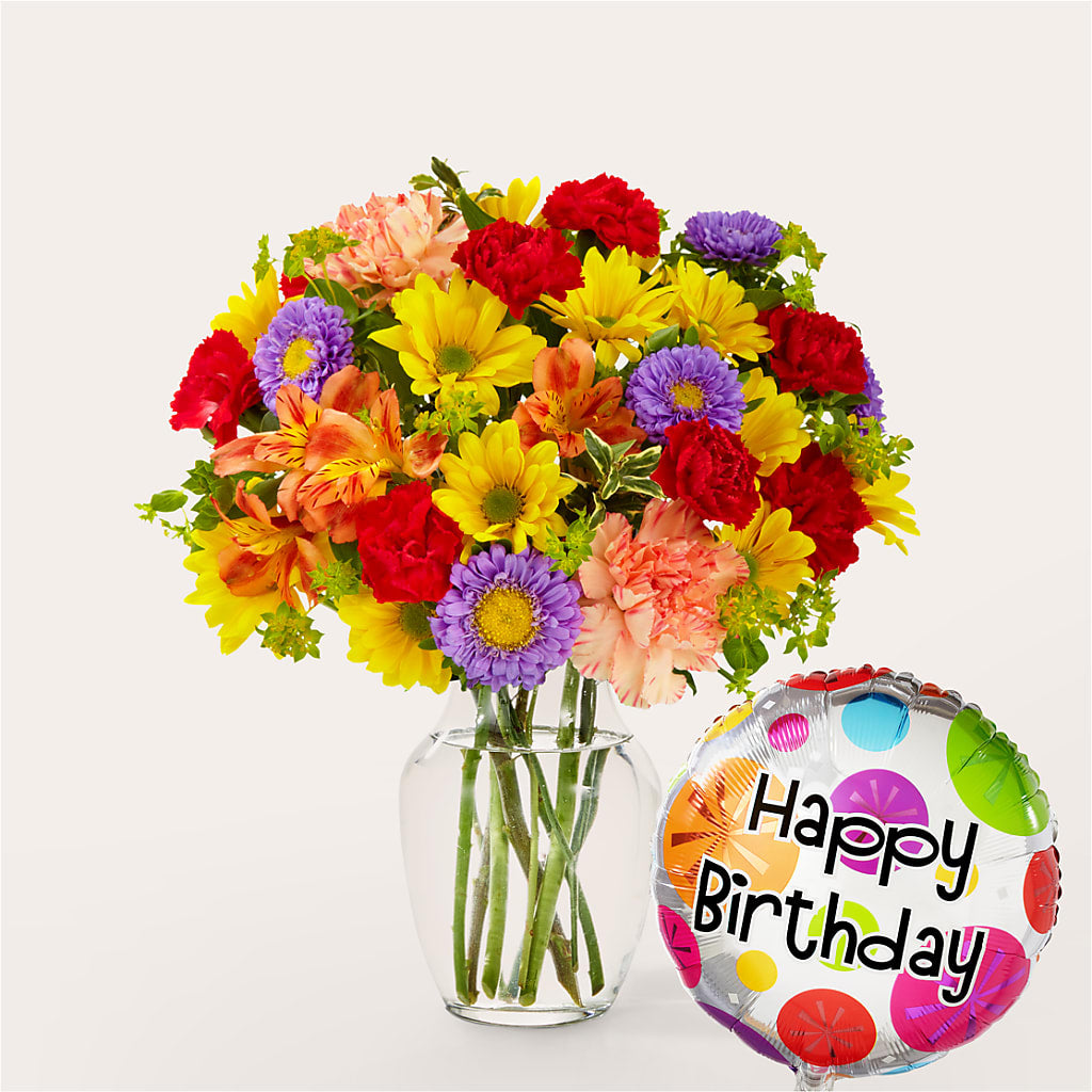 Kaleidoscope Bouquet with Birthday Balloon – BUZ N' BEE FLORIST GIFT & NURSERY, Clinton LA