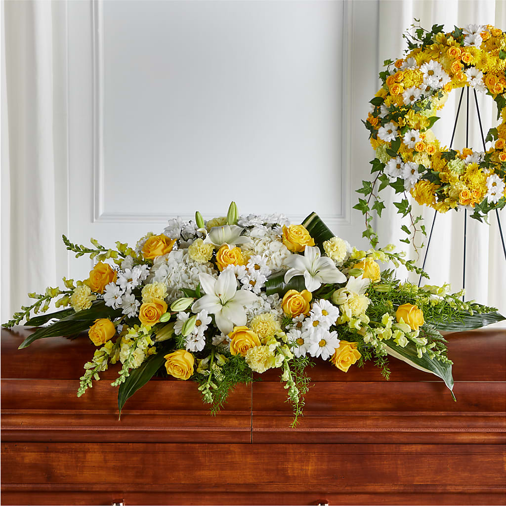 Golden Harmony Casket Spray – BUZ N' BEE FLORIST GIFT & NURSERY, Clinton LA