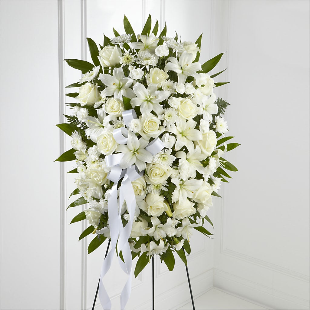 Exquisite Tribute Standing Spray-White Ribbon – BUZ N' BEE FLORIST GIFT & NURSERY, Clinton LA