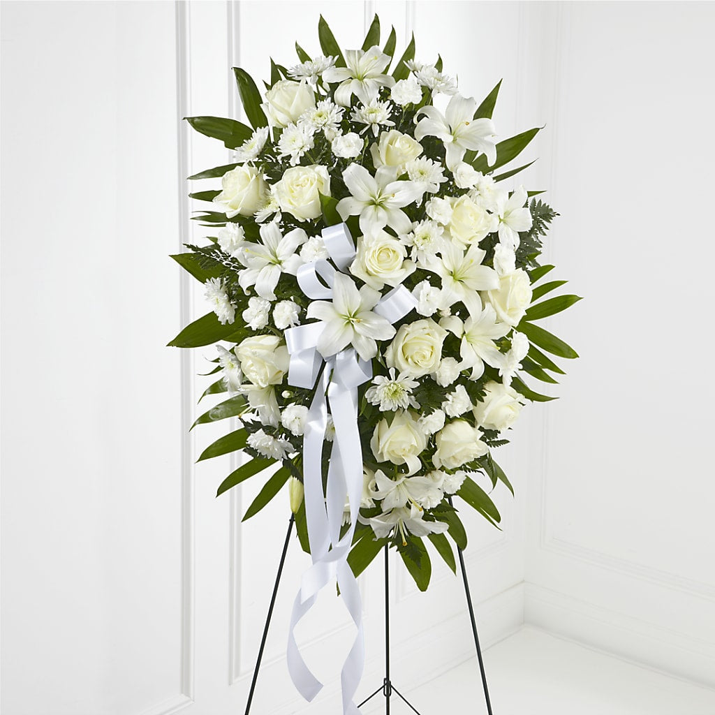 Exquisite Tribute Standing Spray-White Ribbon – BUZ N' BEE FLORIST GIFT & NURSERY, Clinton LA